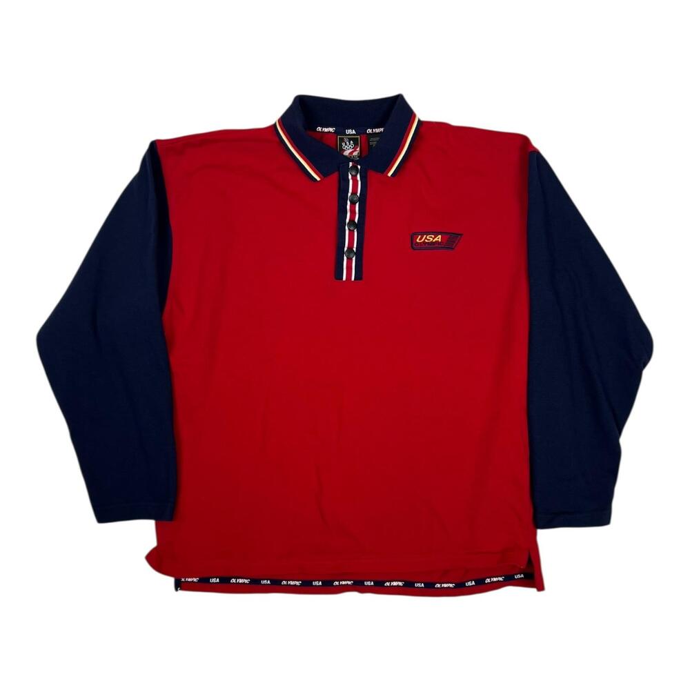 Vintage USA Olympic Rugby Polo Shirt Mens Large Red Colorblock Long Sleeve USA